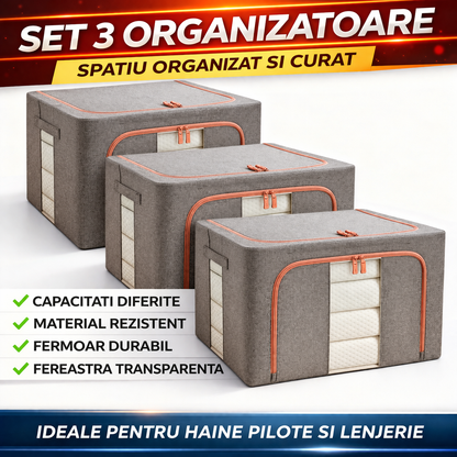 Set 3 x Organizator Pliabil cu Fermoar si Fereastra pentru Depozitare 24L + 66L + 100L, Gri