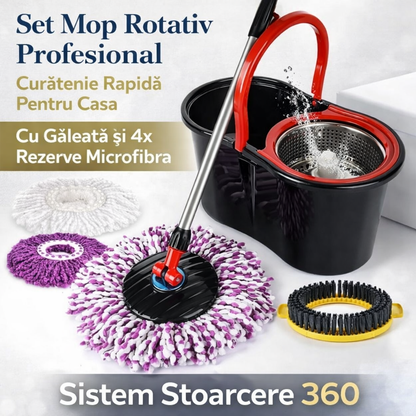 Set Mop Rotativ Profesional Cu Galeata si 4 x Rezerve Microfibra -  Sistem Stoarcere 360, Curatenie Rapida Pentru Casa