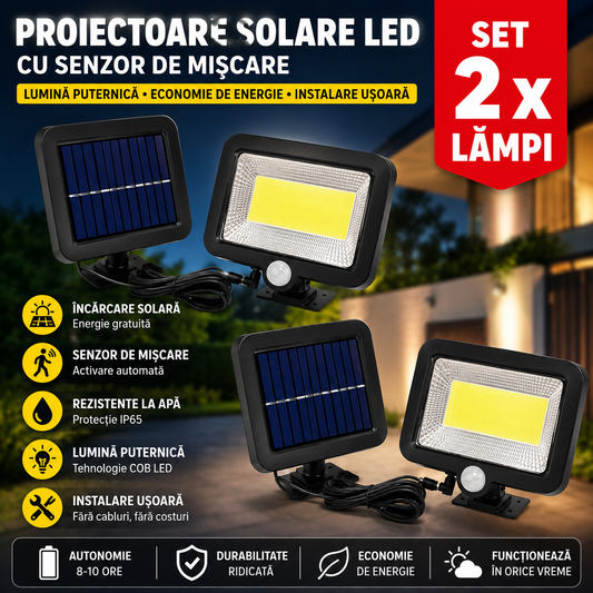 Set 2 x Proiector Solar LED SL-F100 cu Senzor de Miscare, Panou Solar Extern, Lumina Puternica COB
