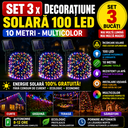 Set 3 x  Decoratiune Solara 100 LED, 10 Metri Multicolor – Iluminat Decorativ Exterior cu Panou Solar, Rezistente la Intemperii