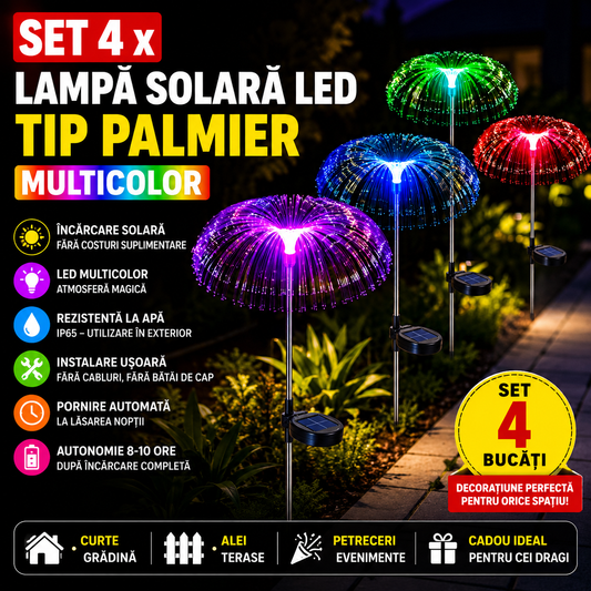 Set 4 x Lampa Solara Decorativa Tip Palmier Multicolor LED pentru Gradina, Iluminat Exterior Curte, Terasa, Alei, Rezistenta la Apa