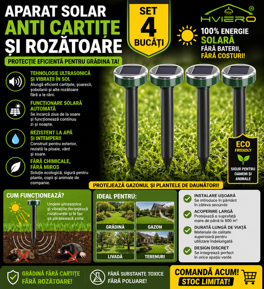 Set 4 x Dispozitiv Solar Anti Cartite si Rozatoare – Aparat cu Vibratii pentru Protectie Gradina si Gazon