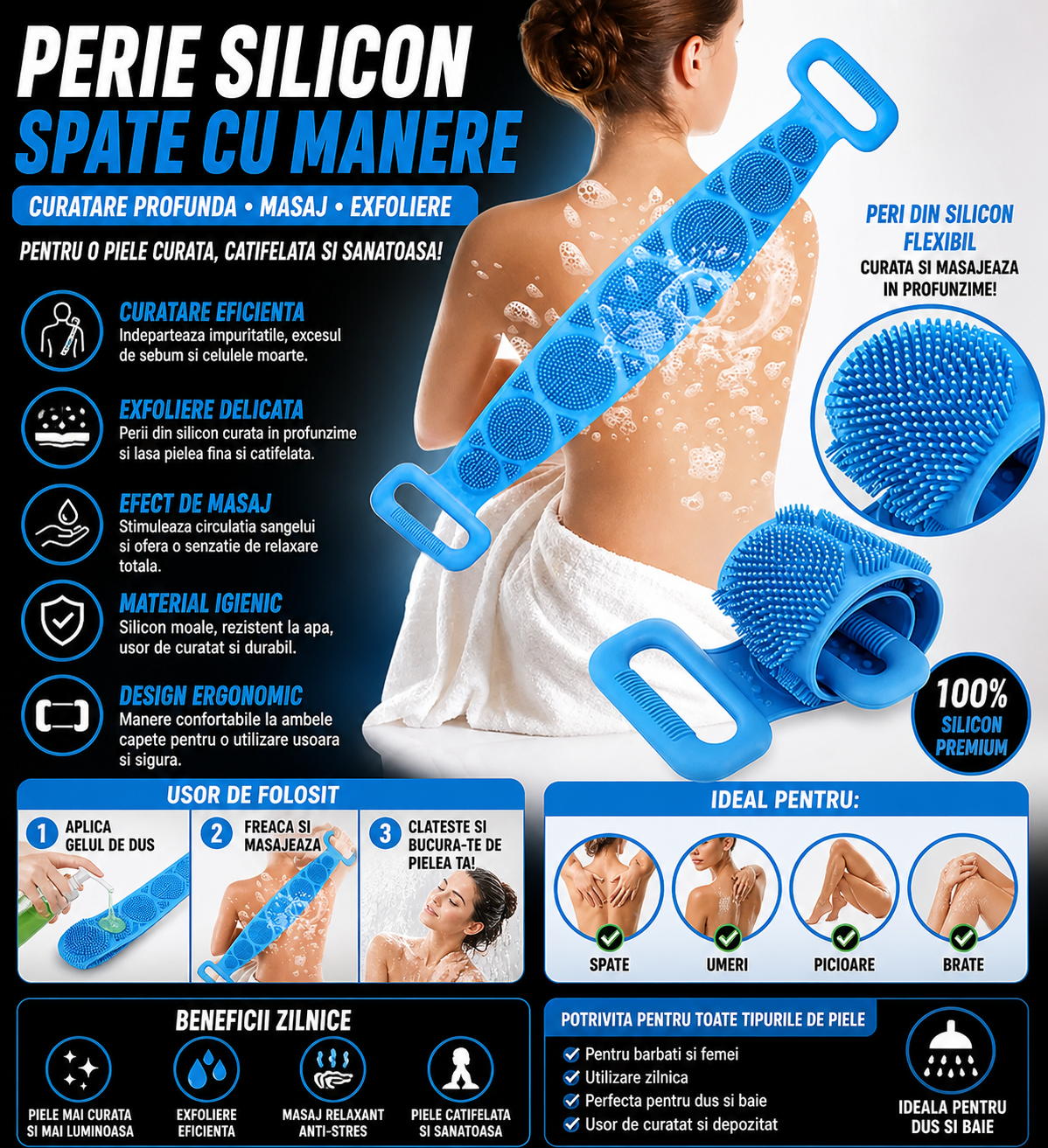 Perie Silicon Spate cu Manere, Banda Exfolianta Corporala, Curatare Profunda si Masaj, Anti Celulita, Usor de Folosit, pentru Dus si Baie