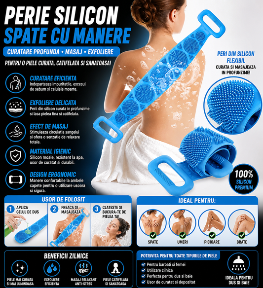 Perie Silicon Spate cu Manere, Banda Exfolianta Corporala, Curatare Profunda si Masaj, Anti Celulita, Usor de Folosit, pentru Dus si Baie