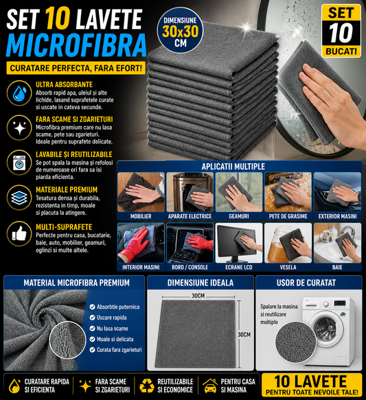 Set 10 x Lavete Microfibra 30x30 cm, Ultra Absorbante, Fara Scame, Curatare Eficienta, Reutilizabile, pentru Bucatarie, Masina, Geamuri si Mobilier
