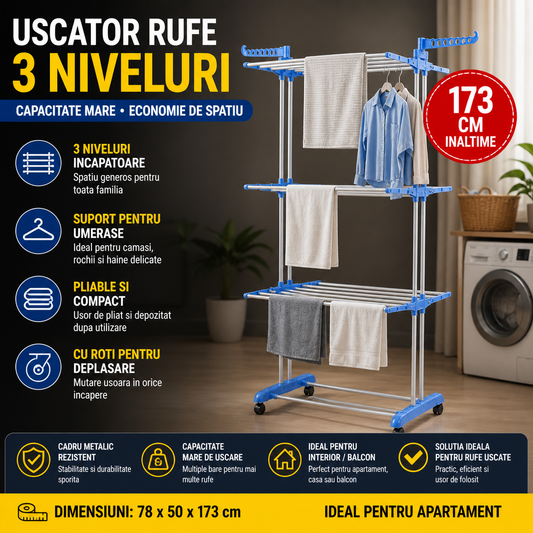 Uscator Rufe Profesional cu 3 Niveluri, Bari Telescopice, Mobil cu Roti, Stabil si Usor de Depozitat