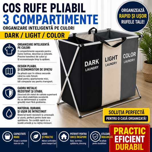 Cos Rufe Pliabil 3 Compartimente, Organizator Laundry Dark/Light/Color, Cadru Metalic Stabil, 95L