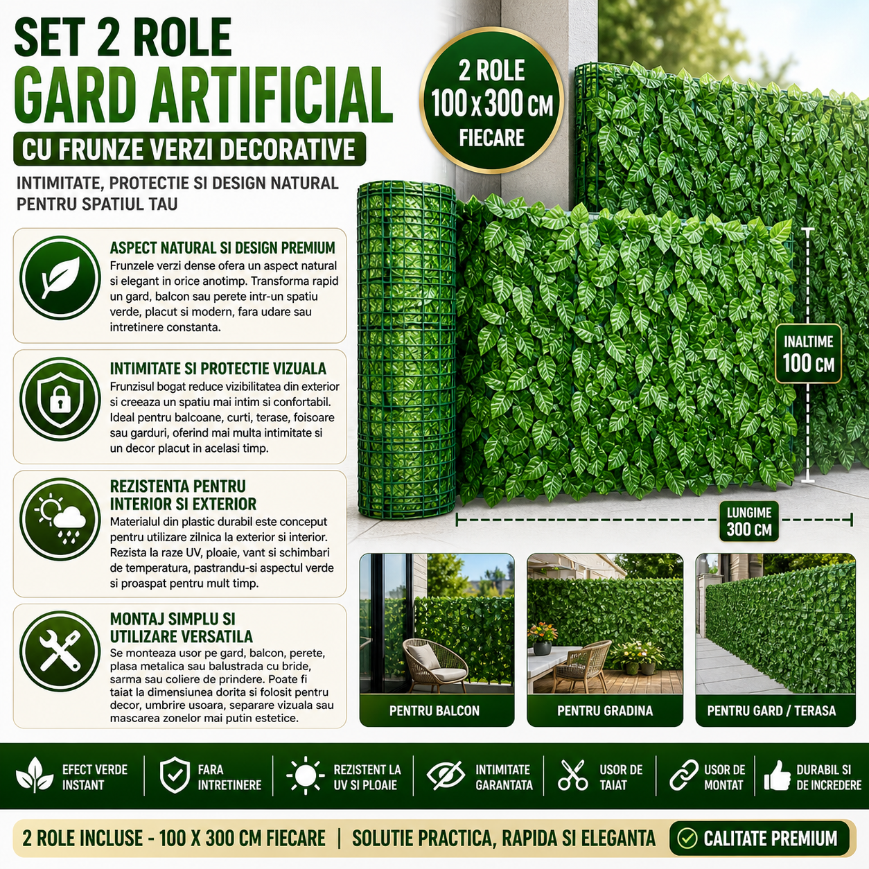 Set 2 x Rola Gard Artificial Decorativ cu Frunze Verzi, 100 x 300 cm, Panou Verde pentru Gradina, Balcon sau Gar