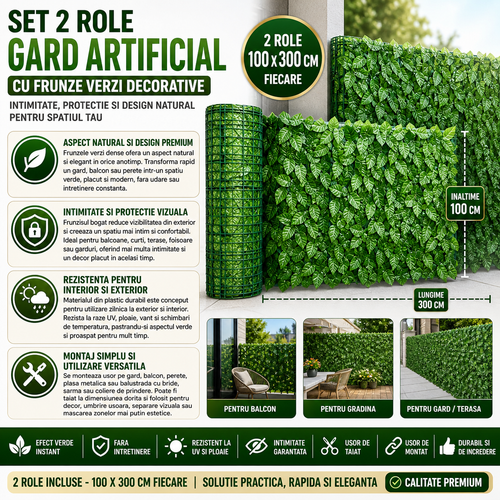 Set 2 x Rola Gard Artificial Decorativ cu Frunze Verzi, 100 x 300 cm, Panou Verde pentru Gradina, Balcon sau Gar
