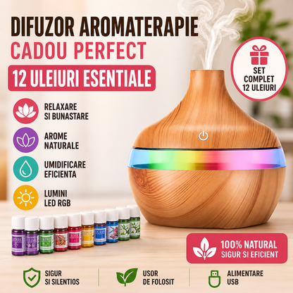 Set Difuzor Aromaterapie cu 12 Uleiuri Esentiale, Umidificator LED RGB, Cadou Relaxare si Aromaterapie pentru Casa