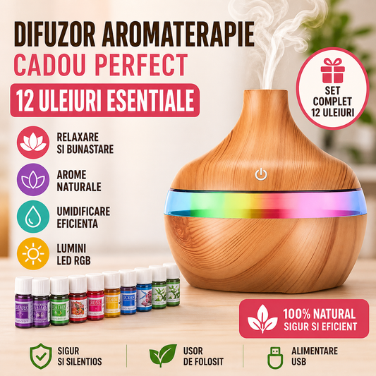 Set Difuzor Aromaterapie cu 12 Uleiuri Esentiale, Umidificator LED RGB, Cadou Relaxare si Aromaterapie pentru Casa