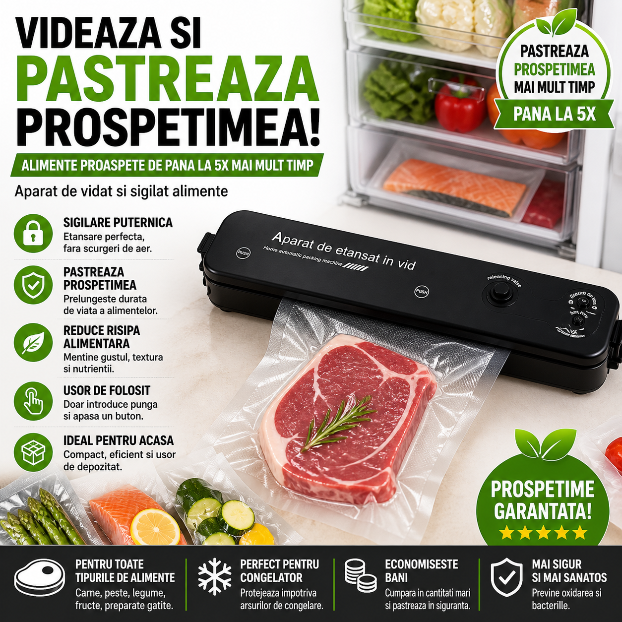 Aparat de Vidat Vacuum Sealer, Sigilare Automata, Putere 90W, pentru Pastrarea Alimentelor Proaspete mai Mult Timp