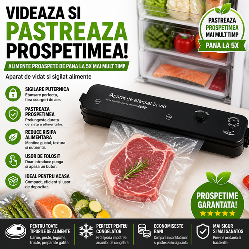 Aparat de Vidat Vacuum Sealer, Sigilare Automata, Putere 90W, pentru Pastrarea Alimentelor Proaspete mai Mult Timp