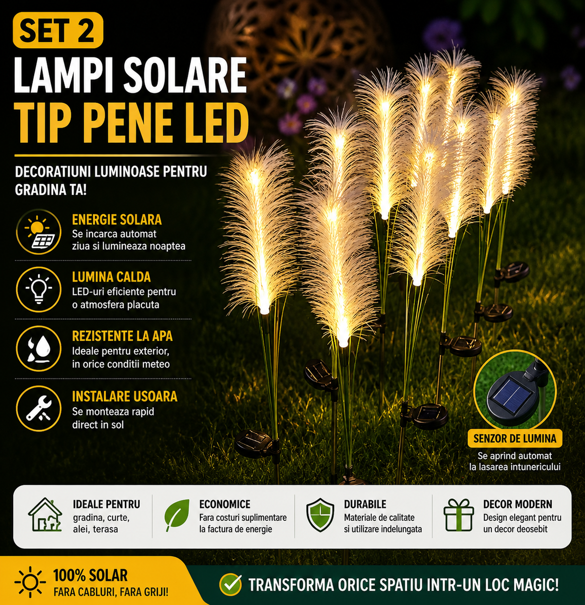 Set 2 x Lampa Solara Gradina Tip Pampas LED 70 cm – Iluminat Exterior Decorativ, Lumina Calda, Rezistente la Apa si Instalare Usoara