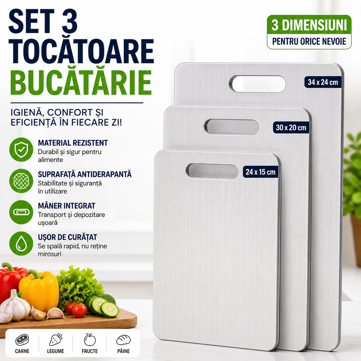 Set 3 x Tocator Bucatarie din Plastic – Antiderapant cu Maner, 3 Dimensiuni, Rezistente si Usor de Curatat