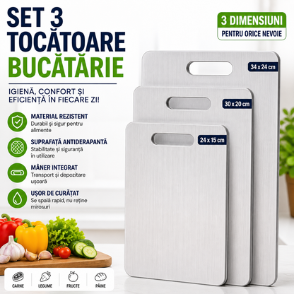 Set 3 x Tocator Bucatarie din Plastic – Antiderapant cu Maner, 3 Dimensiuni, Rezistente si Usor de Curatat