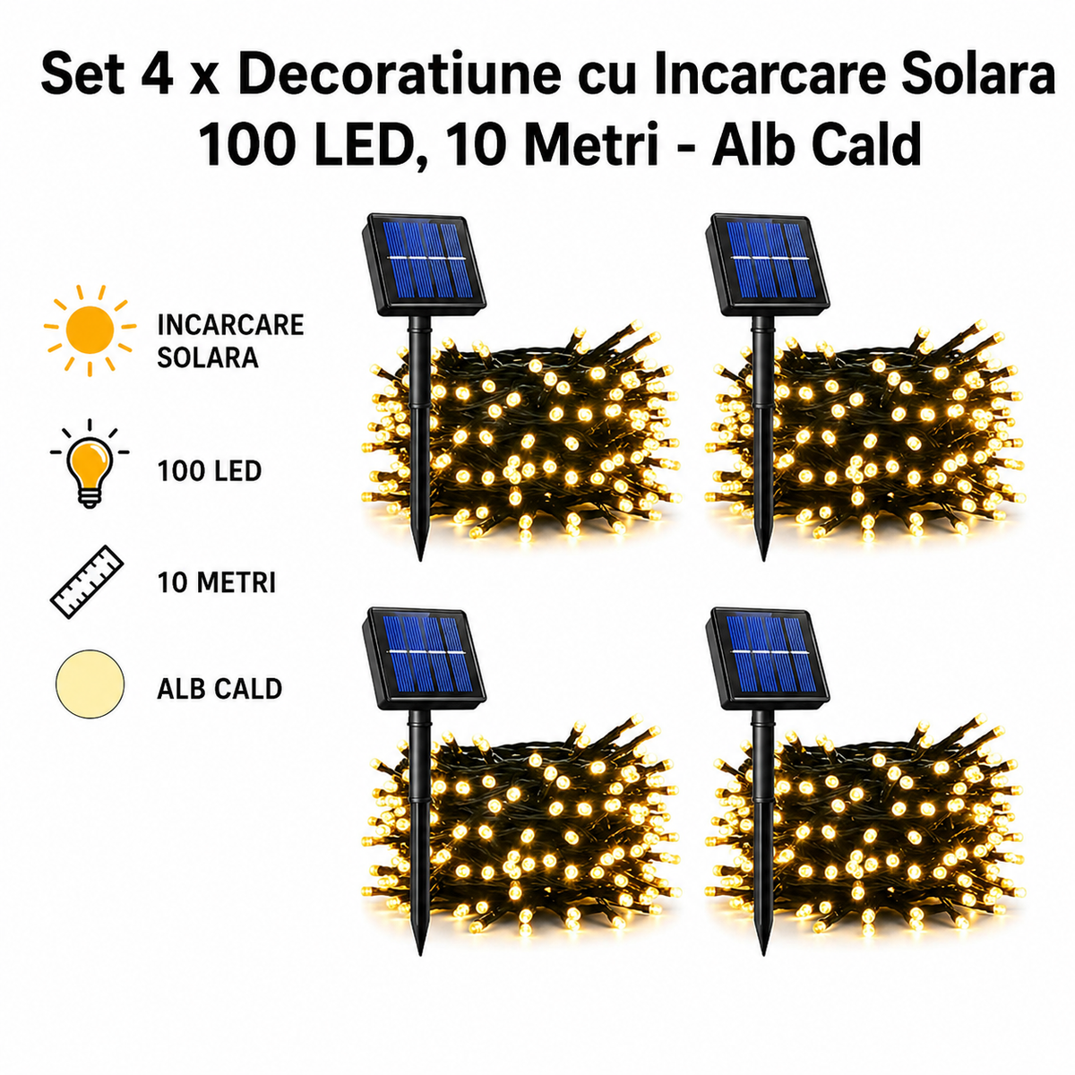 Set 4 x  Decoratiune Solara 100 LED, 10 Metri Alb Cald– Iluminat Decorativ Exterior cu Panou Solar, Rezistente la Intemperii