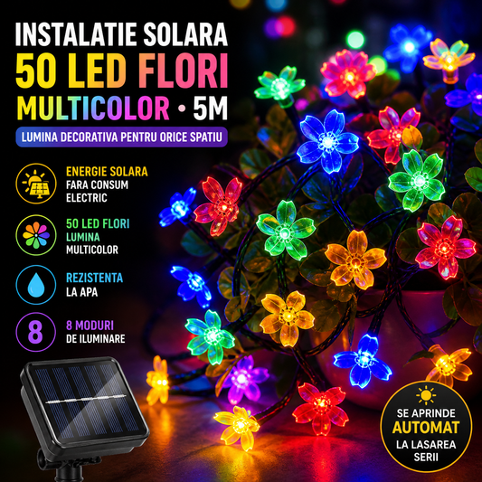 Set 2 x Ghirlanda Solara 50 LED Flori Multicolor 5m – Decoratiune Luminoasa Exterior, 8 Moduri Iluminare, Rezistenta la Apa IP65