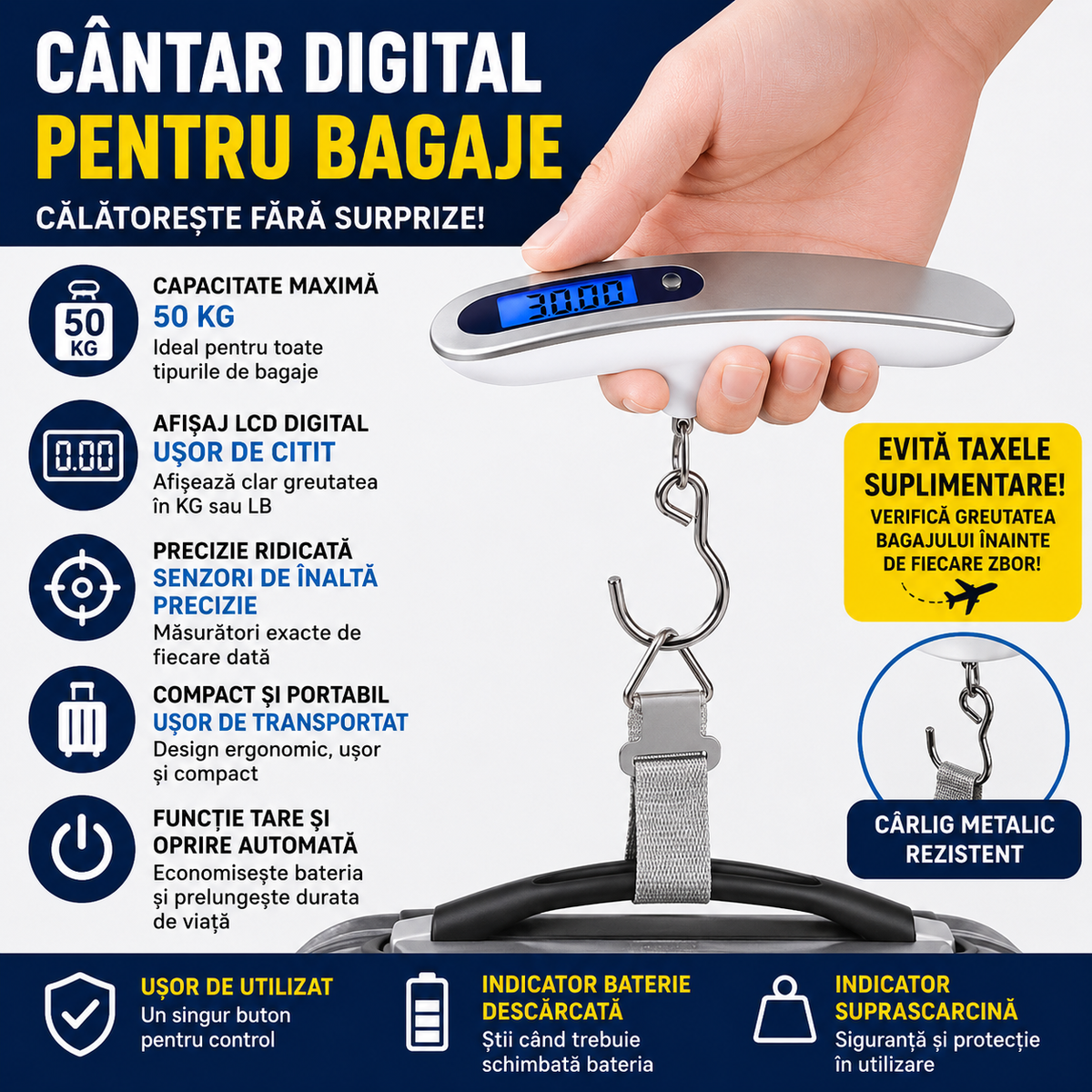 Cantar Electronic Pentru Bagaje, Afisaj LCD Digital, Capacitate 50 Kg, Precizie Ridicata, Compact Si Portabil