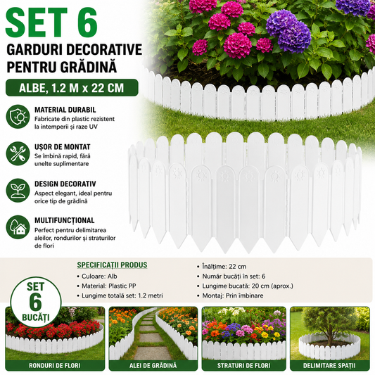 Set 6 Garduri Decorative Pentru Gradina, Albe, 1.2 M x 22 cm