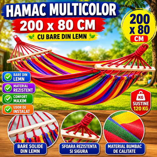 Hamac Multicolor 200x80 cm cu Bare din Lemn – Hamac Gradina pentru Relaxare, Terasa si Camping