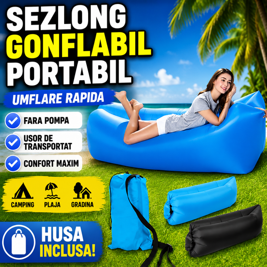 Saltea Gonflabila Sezlong Lazy Bag cu Umflare Rapida fara Pompa – Ideala pentru Plaja, Piscina si Drumetii