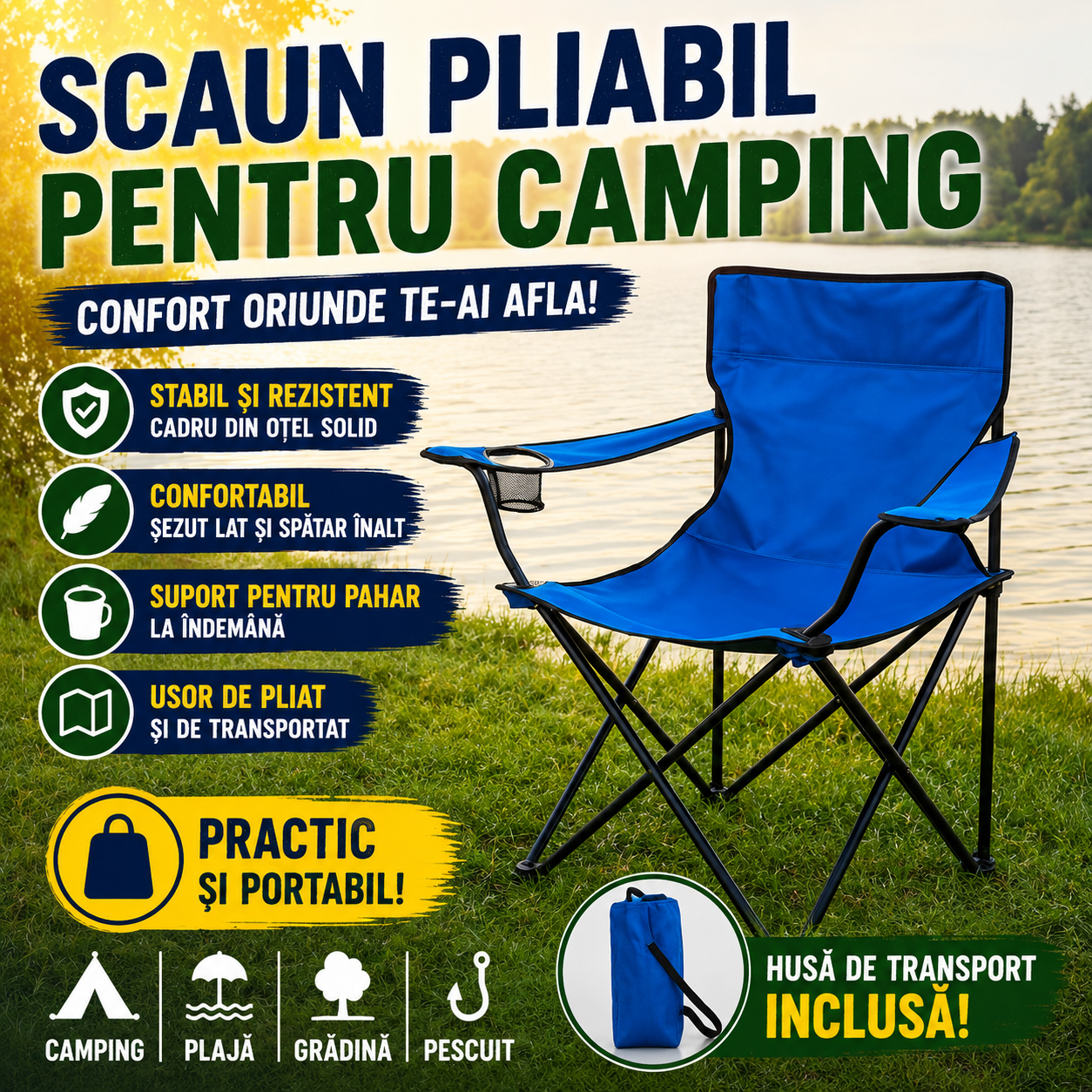 Scaun Pliabil Pentru Camping Cu Cadru Otel Si Material Poliester, Suport Pahar, Usor De Transportat, Design Confortabil Albastru