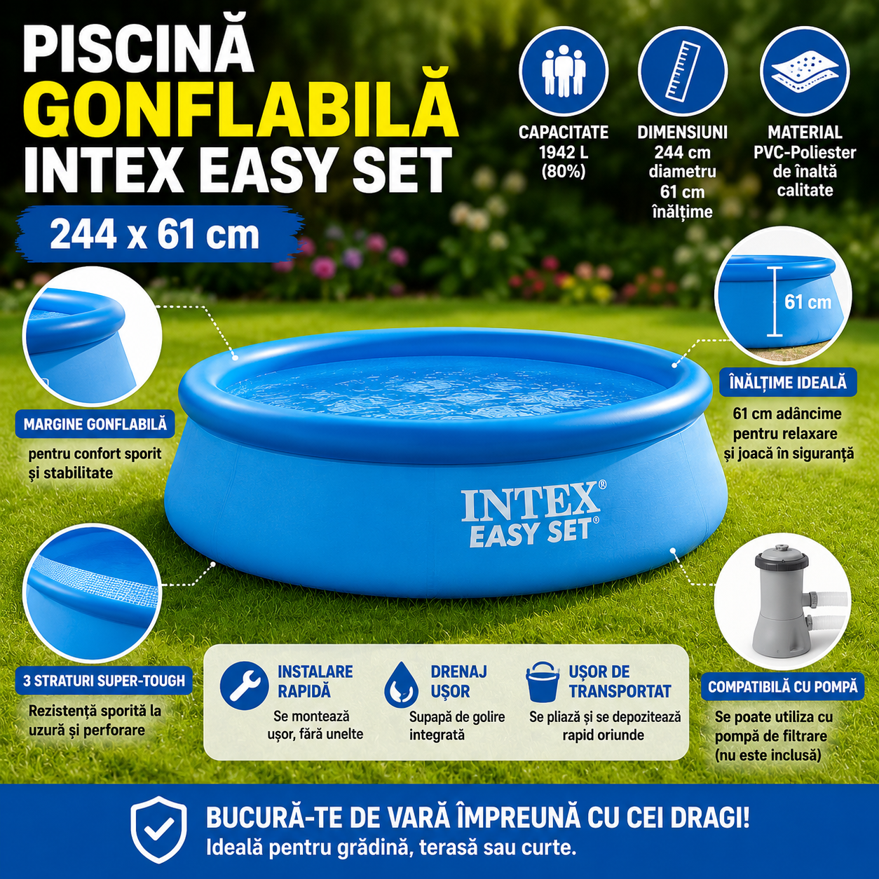 Piscina gonflabila cu filtru Intex Easy Set 244 x 61 cm