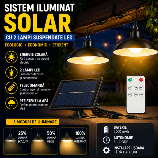 Sistem Iluminat Solar cu 2 Lampi Suspendate LED + Panou Solar si Telecomanda – Iluminare Exterior, Terasa, Foisor, Garaj, 50W
