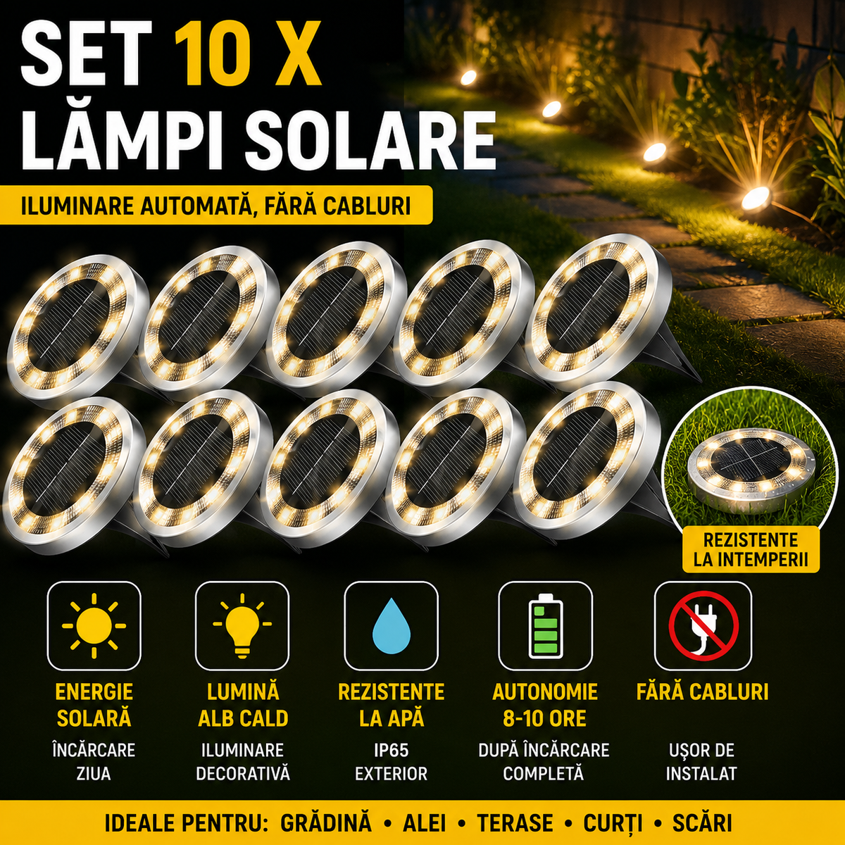 Set 10 x Lampi Solare Tip Spoturi cu 8 LED Lumina Alba Rece, Rezistente la Apa, Senzor Automat Zi Noapte, Iluminat Exterior pentru Gradina si Alei