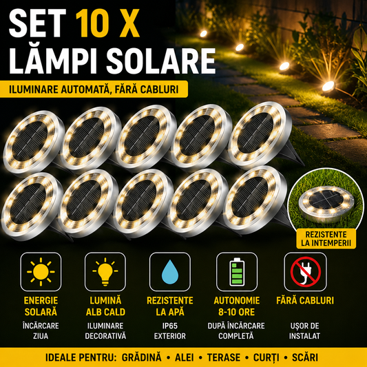 Set 10 x Lampi Solare Tip Spoturi cu 8 LED Lumina Alba Rece, Rezistente la Apa, Senzor Automat Zi Noapte, Iluminat Exterior pentru Gradina si Alei