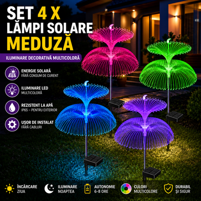 Set 4 x Lampa Solara Decorativa Meduza Dubla cu Lumina Multicolora, IP65 Rezistente la Apa, Panou Solar si 8 Moduri Iluminare
