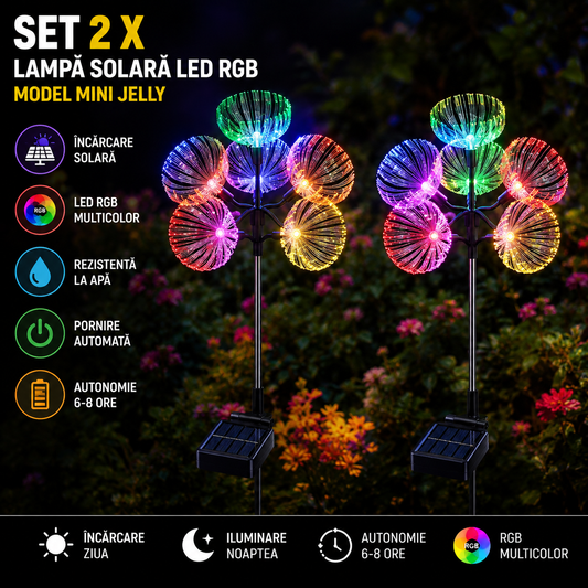 Set 2 x Lampa Solara LED Exterior RGB Model Mini Jelly – Iluminat Decorativ Gradina, Rezistenta la Apa, Efect Multicolor Spectaculos
