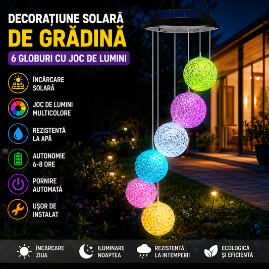 Lampa Solara Decorativa Suspendata cu 6 Globuri LED RGB – Iluminat Exterior Gradina, Terasa, Balcon, Schimbare Culori Automata