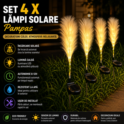Set 4 x Lampi Solare Decorative Tip Iarba Pampas 70 Cm Cu LED Lumina Calda Rezistente IP66 Pentru Gradina Terasa Si Alei