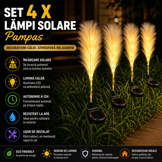 Set 4 x Lampi Solare Decorative Tip Iarba Pampas 70 Cm Cu LED Lumina Calda Rezistente IP66 Pentru Gradina Terasa Si Alei
