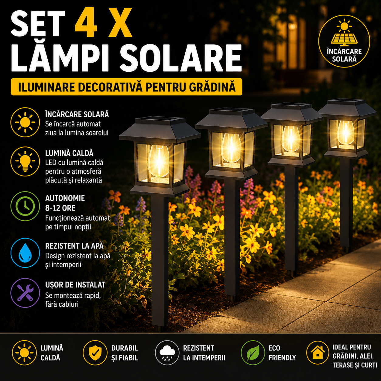 Set 4 x Lampi Solare Alee Tip Stalp Cu Lumina Alba Calda, Rezistente La Apa IP44, Iluminare Automata Pentru Gradina