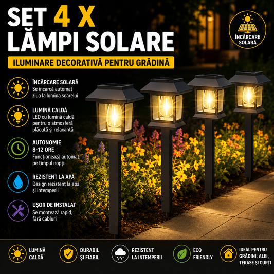 Set 4 x Lampi Solare Alee Tip Stalp Cu Lumina Alba Calda, Rezistente La Apa IP44, Iluminare Automata Pentru Gradina