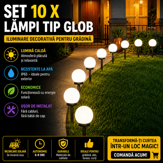 Set 10 x Lampa Solara Gradina Glob, Rezistenta IP44, Iluminare Ambientala Exterior, Ideala pentru Alei, Curte si Gradina