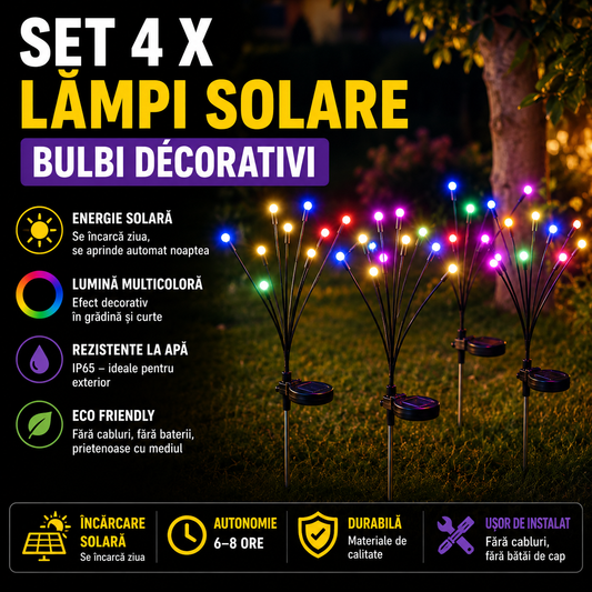Set 4 x Lampa Solara LED Tip Bulbi Multicolor pentru Gradina, Decor Exterior, Iluminat Solar Gradina, Rezistente la Apa