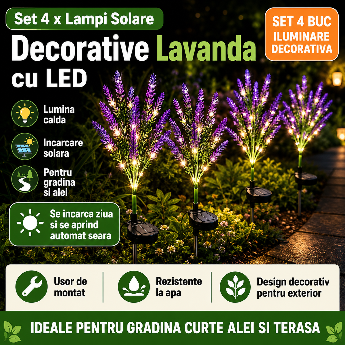 Set 4 x Lampi Solare Decorative Lavanda cu LED Lumina Calda, Rezistente la Apa IP65, Panou Solar Integrat, Iluminat Exterior pentru Gradina si Alei