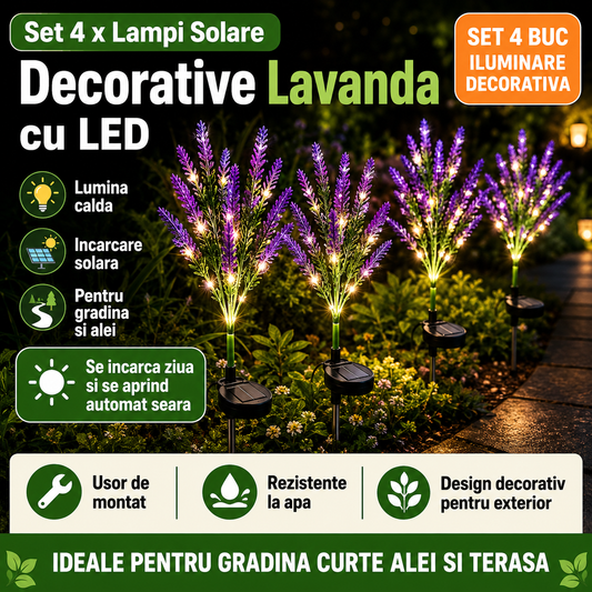 Set 4 x Lampi Solare Decorative Lavanda cu LED Lumina Calda, Rezistente la Apa IP65, Panou Solar Integrat, Iluminat Exterior pentru Gradina si Alei
