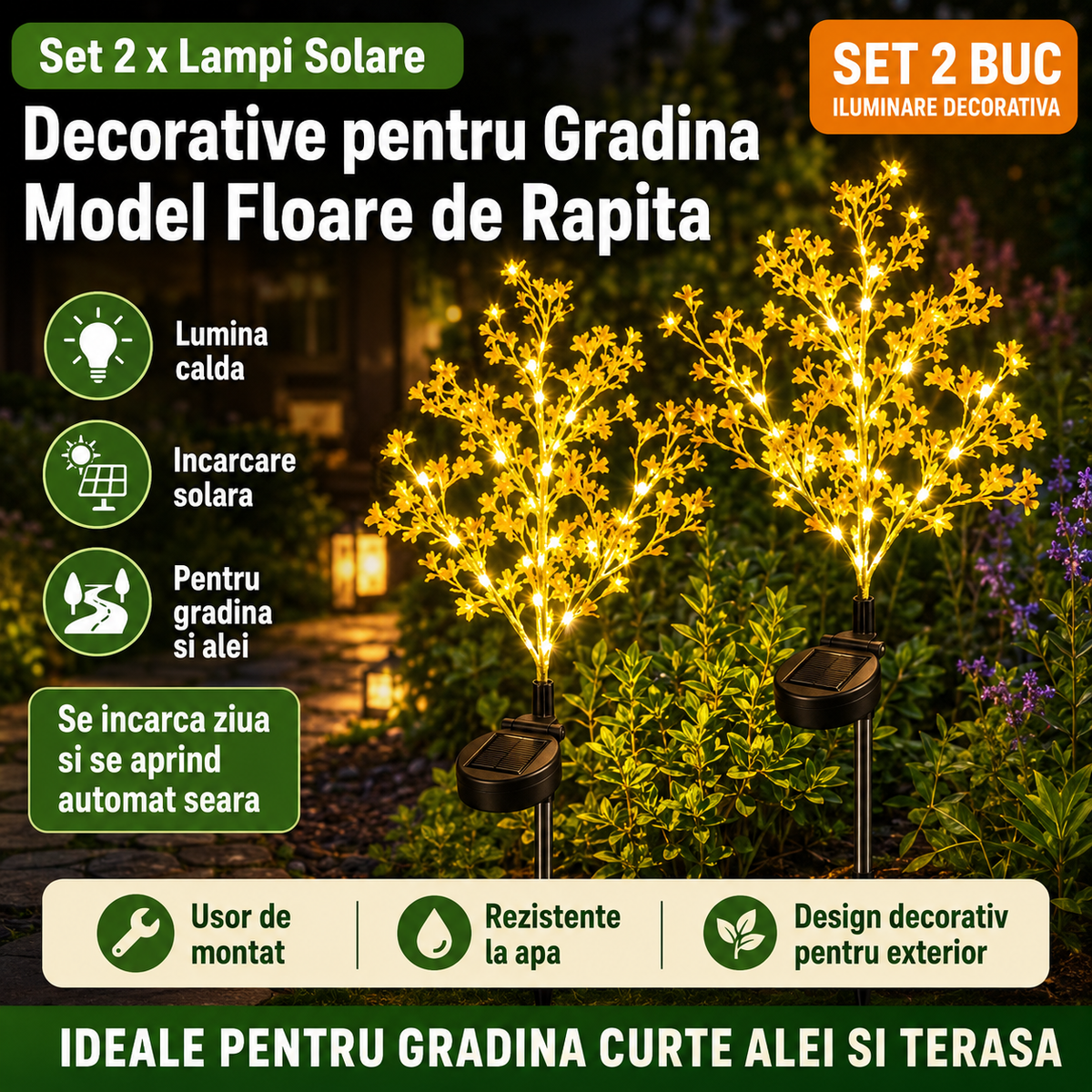 Set 2 x Lampi Solare Decorative pentru Gradina Model Floare de Rapita – Lumina Calda Ambientala, Design Realist, Rezistente la Exterior din PC si Otel Inoxidabil