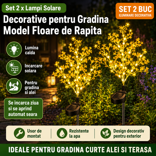 Set 2 x Lampi Solare Decorative pentru Gradina Model Floare de Rapita – Lumina Calda Ambientala, Design Realist, Rezistente la Exterior din PC si Otel Inoxidabil