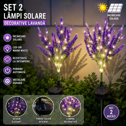 Set 2 x Lampi Solare Decorative Lavanda cu LED Lumina Calda, Rezistente la Apa IP65, Panou Solar Integrat, Iluminat Exterior pentru Gradina si Alei