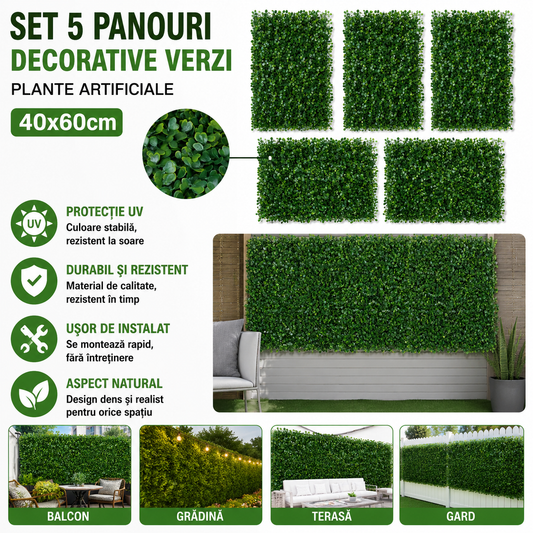 Set 5 x Panouri Decorative Verzi din Plante Artificiale 40x60 cm Cu Protectie UV, Rezistente La Intemperii