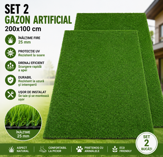 Set 2 x Gazon Artificial 200x100 cm, Inaltime 25 mm, Cu Drenaj, Verde Natural, Montaj Usor