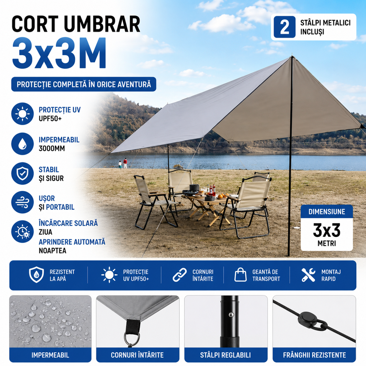 Cort Umbrar 3x3m Impermeabil Cu Protectie UV UPF50+, 2 Stalpi Metalici, Gri