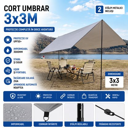 Cort Umbrar 3x3m Impermeabil Cu Protectie UV UPF50+, 2 Stalpi Metalici, Gri