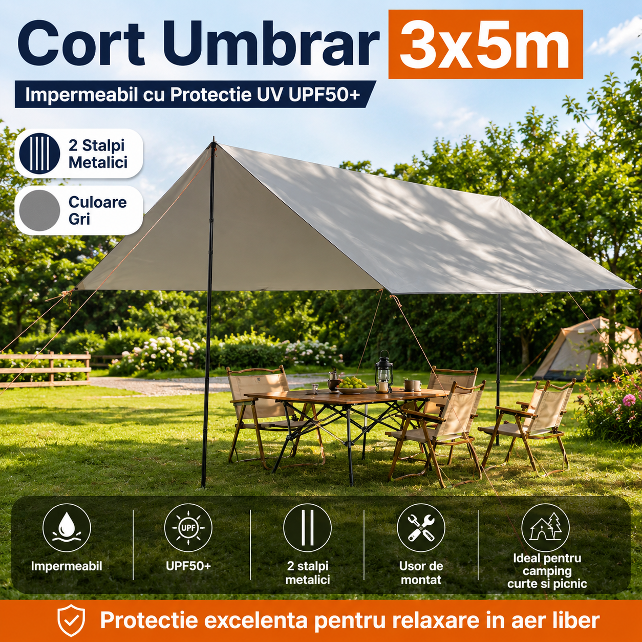 Cort Umbrar 3x5m Impermeabil Cu Protectie UV UPF50+, 2 Stalpi Metalici, Gri